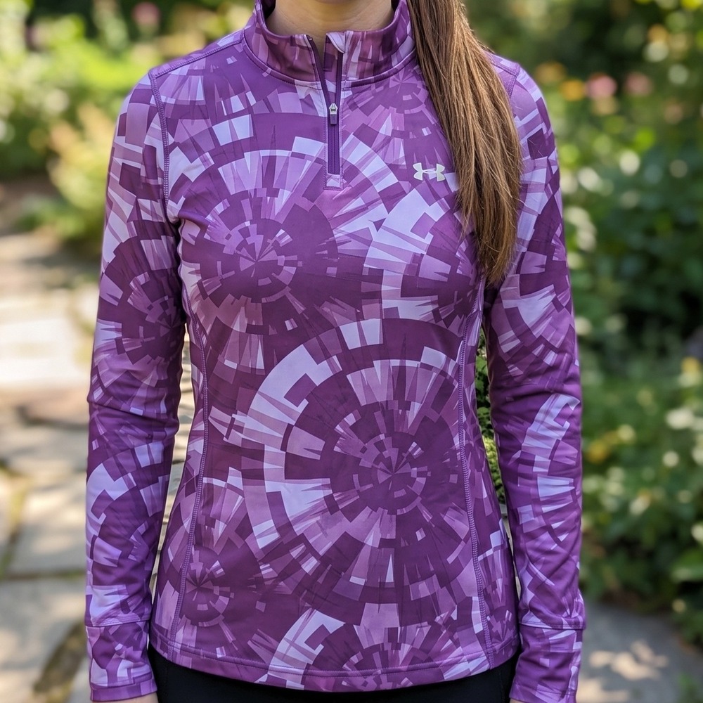 Under Armour ColdGear Purple Geometric Spiral Quarter Zip Fitted Pullover Top